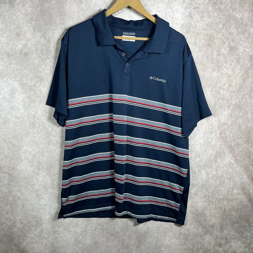 Columbia Polo Shirt Mens Size XL‎ Blue Gray Striped Omni-wick Short Sleeves